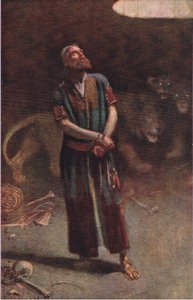 Daniel i lejonhålan, illustration från Pictures That Teach The Crown Series, 1920 av Harold Copping