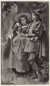 Ganimed och Aliena blev konstigt förvånade över att hitta namnet Rosalind ristat på träden? av Harold Copping