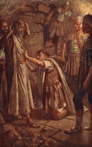 Nya testamentet: "Sirs, vad ska jag göra" (färglitografi) av Harold Copping