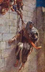 Nya testamentet: Paulus flykt från Damaskus (färglitografi) av Harold Copping