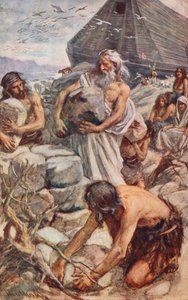 Gamla testamentet: Noa bygger sitt altare (färglitografi) av Harold Copping