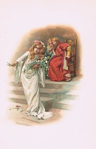 Ophelia med kungen och drottningen, illustration från Hamlet av Harold Copping