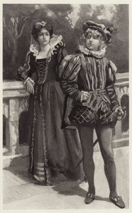 Viola skyndade från sin närvaro och hotade att aldrig mer komma för att vädja om Orsinos kärlek av Harold Copping