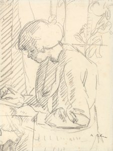 En flicka som skriver (svart krita på papper) av Harold Gilman