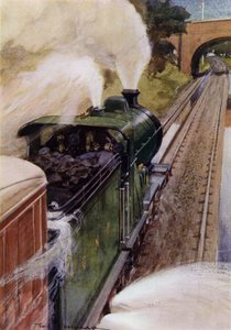 Ånglok på Great Northern Railway som tar upp vatten (färg litho)