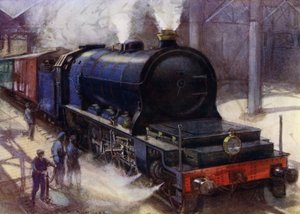 Lokomotivet Flamme Pacific, 2-10-0 som transporterade expresstrafiken från Bryssel till Oostende på Belgian State Railways, det kraftfullaste loket i Europa på sin tid (färg litho)