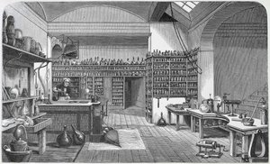 Michael Faraday (1791-1867) i sitt källarlaboratorium, från Henry Bence Jones bok "The Life and Letters of Faraday", publicerad 1870, 1869.