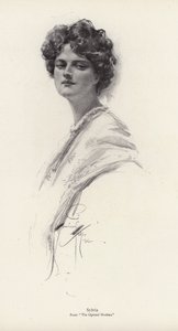 En karaktär, Sylvia, från romanen The Opened Shutters, av Clara Louise Burnham (litho) av Harrison Fisher