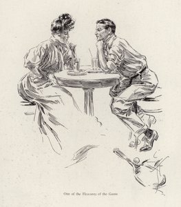 Par som tar en drink efter ett tennisspel (färg litho) av Harrison Fisher