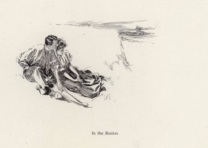 Par i en romantisk famn i en bunker på golfbanan (litho) av Harrison Fisher