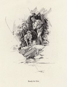 Man och kvinna som fiskar i en flod eller bäck (litho)