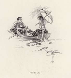 Man och kvinna i en roddbåt på sjön (litho)