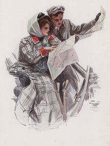 Man och kvinna läser en karta i en bil (färg litho)