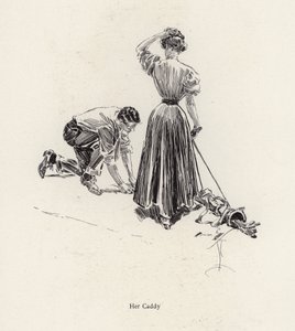 Man caddiing för en kvinna på golfbanan (litho) av Harrison Fisher