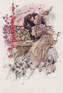 Man som kysser en kvinna i en trädgård (färg litho)
