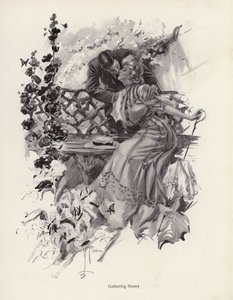 Man som kysser en kvinna i en trädgård (litho) av Harrison Fisher