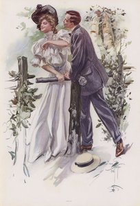 Man försöker stjäla en kyss från en ung kvinna (färg litho)