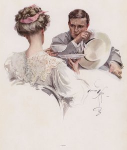 Man väntar på att en kvinna ska anförtro en hemlighet för honom (färg litho) av Harrison Fisher