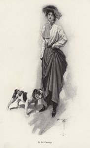 Porträtt av en kvinna klädd för landsbygden med sin bulldogg (litho) av Harrison Fisher