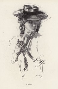 Porträtt av en kvinna i hatt (litho) av Harrison Fisher