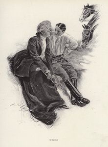 Romantiskt par tar en paus under en ridtur (litho) av Harrison Fisher