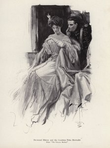 Två karaktärer, Desmond Ellery och grevinnan Frina Mavrodin från romanen, Prinsessan Moritza, av Percy Brebner (litho) av Harrison Fisher