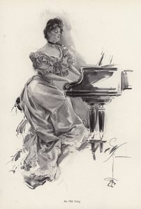Kvinna som spelar en sång på ett piano (litho)