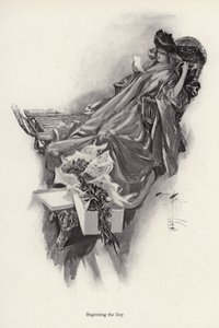 Kvinna som tar emot en bukett blommor från en beundrare (litho) av Harrison Fisher