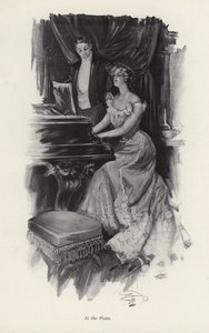Kvinna som sjunger vid pianot (litho) av Harrison Fisher