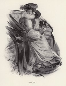 Kvinna som sitter i en vagn med sin hund (litho) av Harrison Fisher