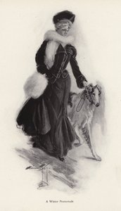 Kvinna går sin grova colliehund på vintern (litho) av Harrison Fisher