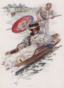 Ung amerikansk kvinna njuter av en punttur på en engelsk flod (färg litho) av Harrison Fisher