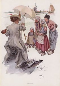 Ung amerikansk kvinna som målar en holländsk scen (färg litho) av Harrison Fisher