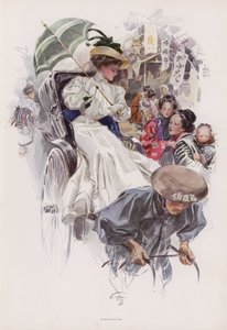Ung amerikansk kvinna som rider i en japansk rickshaw (färg litho) av Harrison Fisher