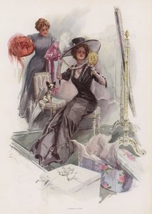 Ung amerikansk kvinna som provar hattar hos en fransk mjölnare (färg litho) av Harrison Fisher