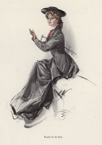 Ung kvinna gör sig redo att rida (färg litho) av Harrison Fisher