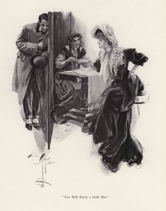 Ung kvinna får sin framtid berättad av en zigenare (litho) av Harrison Fisher