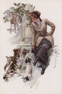 Ung kvinna i sin ridvana sitter med sina hundar (färg litho) av Harrison Fisher