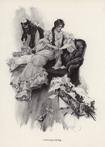 Ung kvinna som tar emot en bukett blommor och ett brev från en beundrare (litho) av Harrison Fisher