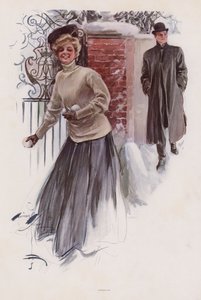 Ung kvinna som väntar på att kasta snöbollar på en man (färg litho) av Harrison Fisher