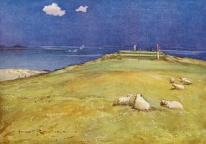 Golfbanor: Gullane, sjätte greenen och sjunde tee (färglitografi)