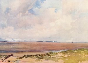 Golfbanor: Hoy lake, med utsikt mot Hilbre från nionde tee (färglitografi)