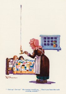 Änkan och hennes små jungfrur (färg litho) av Harry Rountree