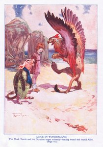 Den falska sköldpaddan och Gryphon började högtidligt vända sig runt Alice (färg litho)