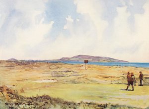 Golfbanor: Dollymount, första utslagsplatsen, med utsikt mot Howth (färglitografi)