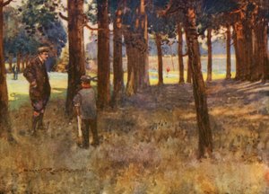 Golfbanor: Mildenhall, resultatet av en dålig slice på sjätte slaget (färglitografi)