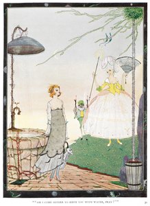 "Har jag kommit hit för att tjäna dig med vatten, be?" Illustration till berättelsen, "fen". En ung kvinna som möter en älva som ser ut som en välklädd dam. av Harry Clarke