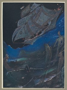 En illustration som visar ett fartyg till havs och fisk under det. av Harry Clarke