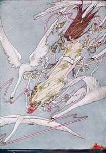 "Och hela dagen flög de vidare", illustration från Wild Swans av Hans Christian Andersen av Harry Clarke