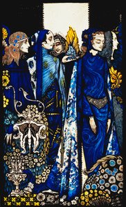 Etain, Helen, Maeve och Fand, Golden Deirdres ömma hand". "Queens", nio glaspaneler syrade, färgade och målade, Illustrerande J.M. Synges dikt, 1917 av Harry Clarke